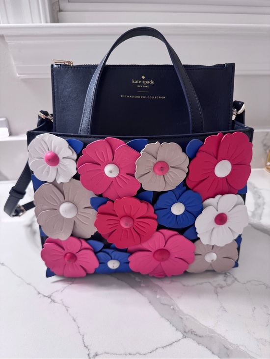kate spade Handbags - kate spade navy tote with pink, blue, white and taupe floral appliqués
